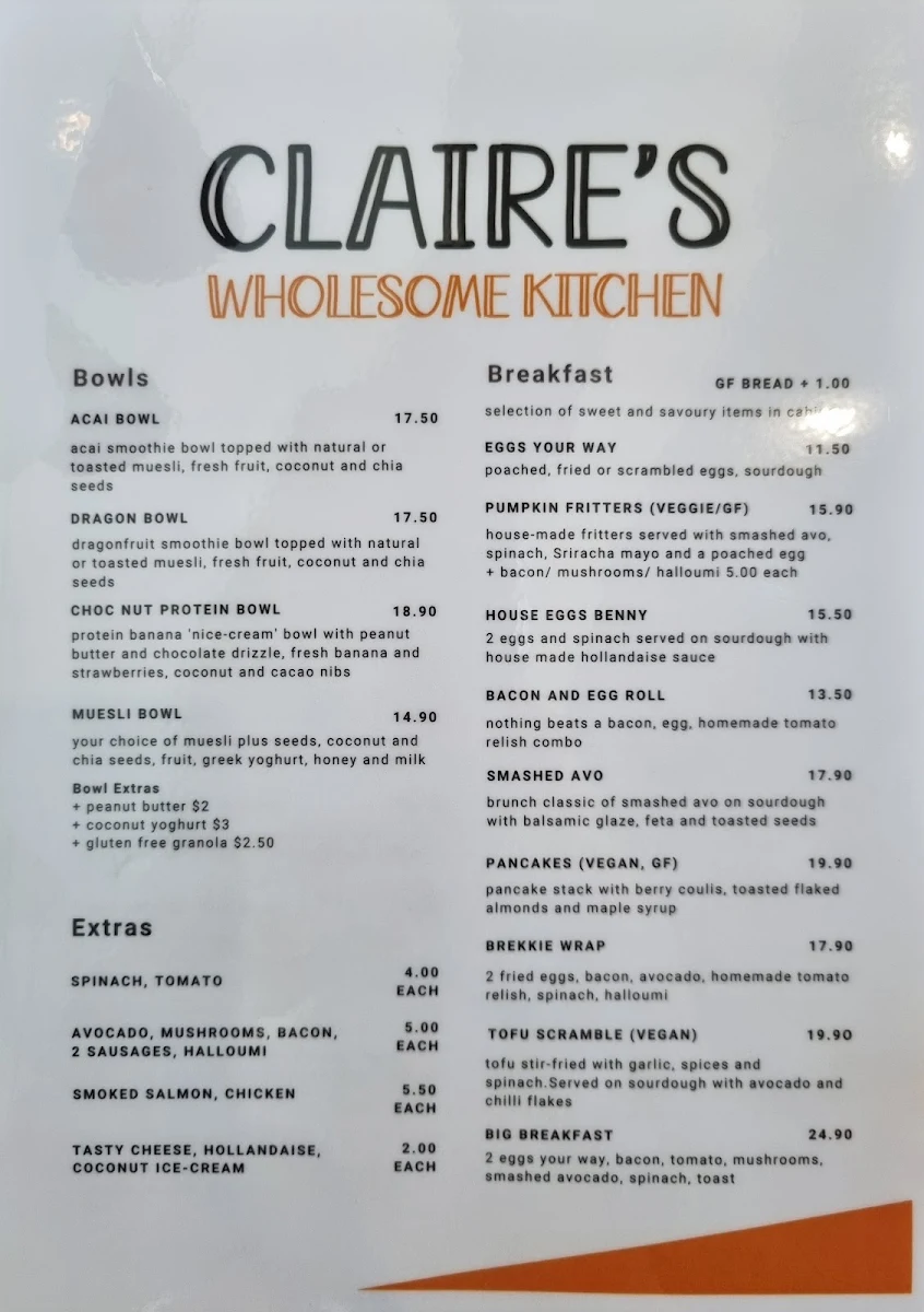 Menu, Claire's Wholesome Kitchen