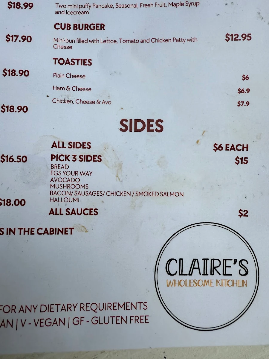 Menu, Claire's Wholesome Kitchen
