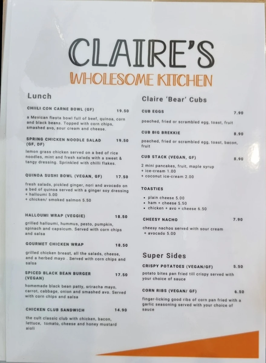 Menu, Claire's Wholesome Kitchen