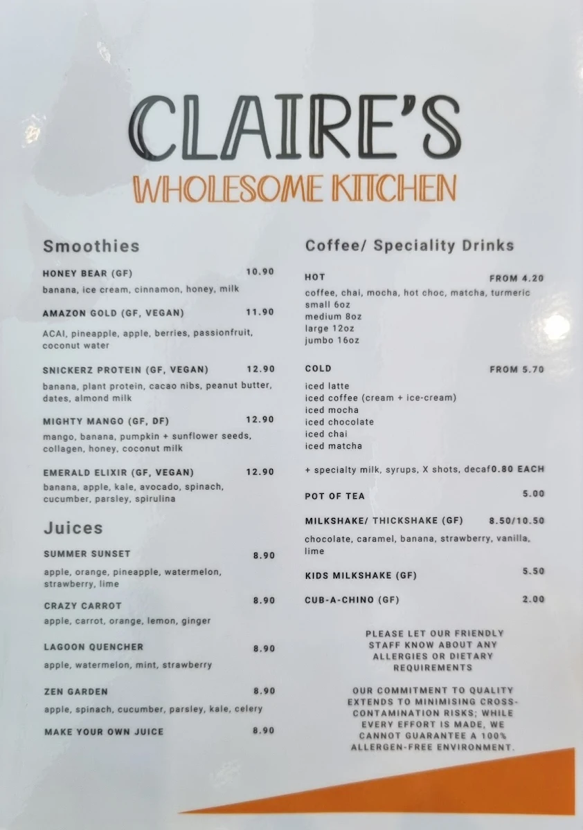 Menu, Claire's Wholesome Kitchen
