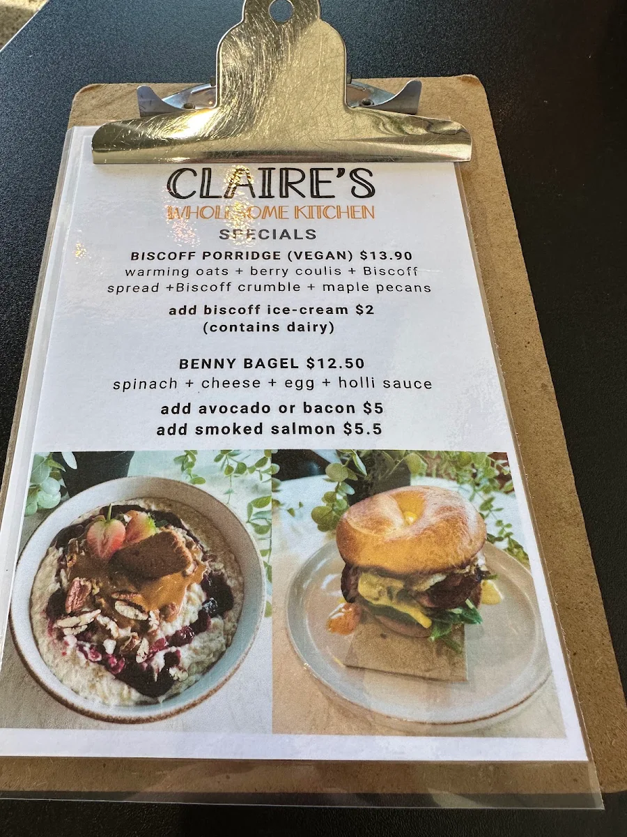 Menu, Claire's Wholesome Kitchen
