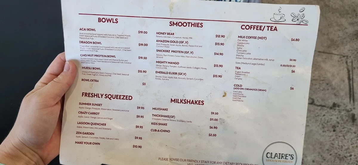 Menu, Claire's Wholesome Kitchen