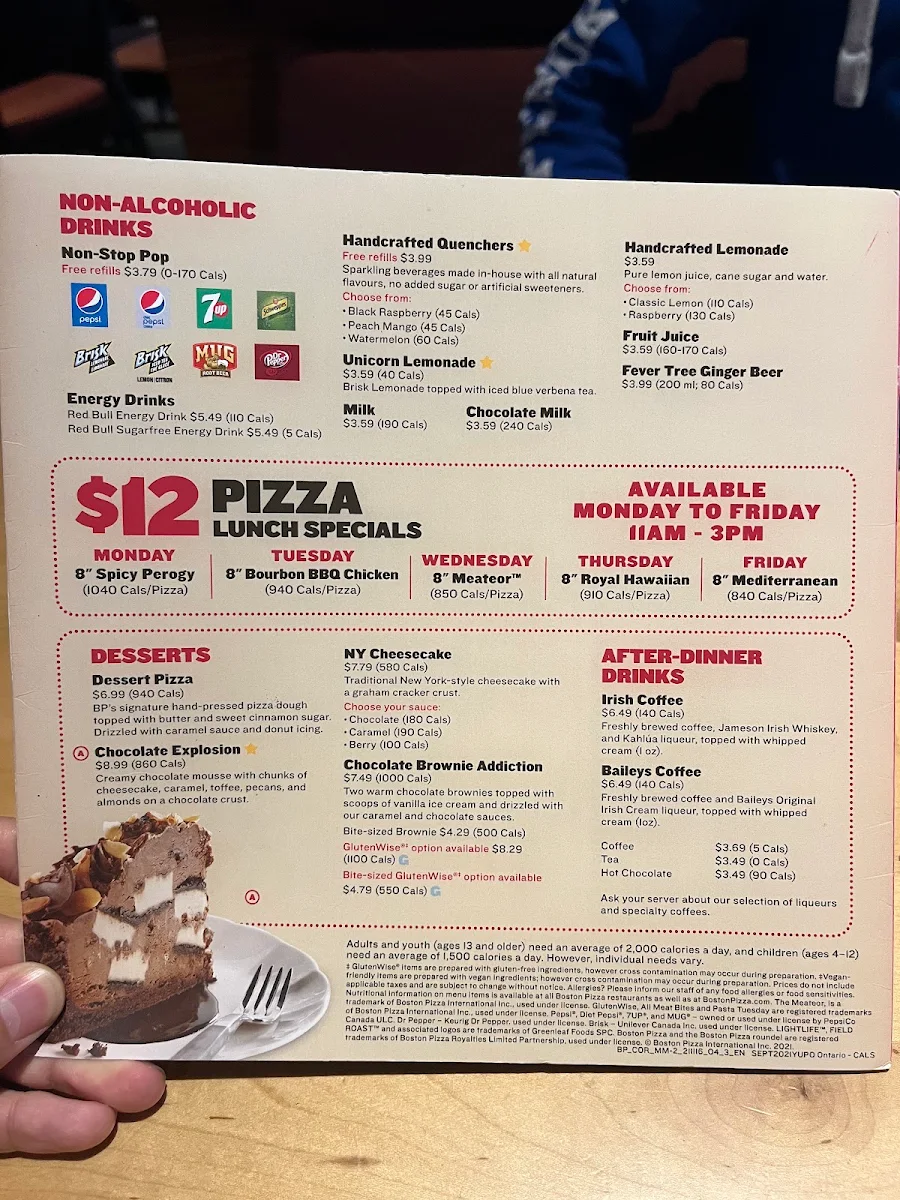 Menu, Boston Pizza