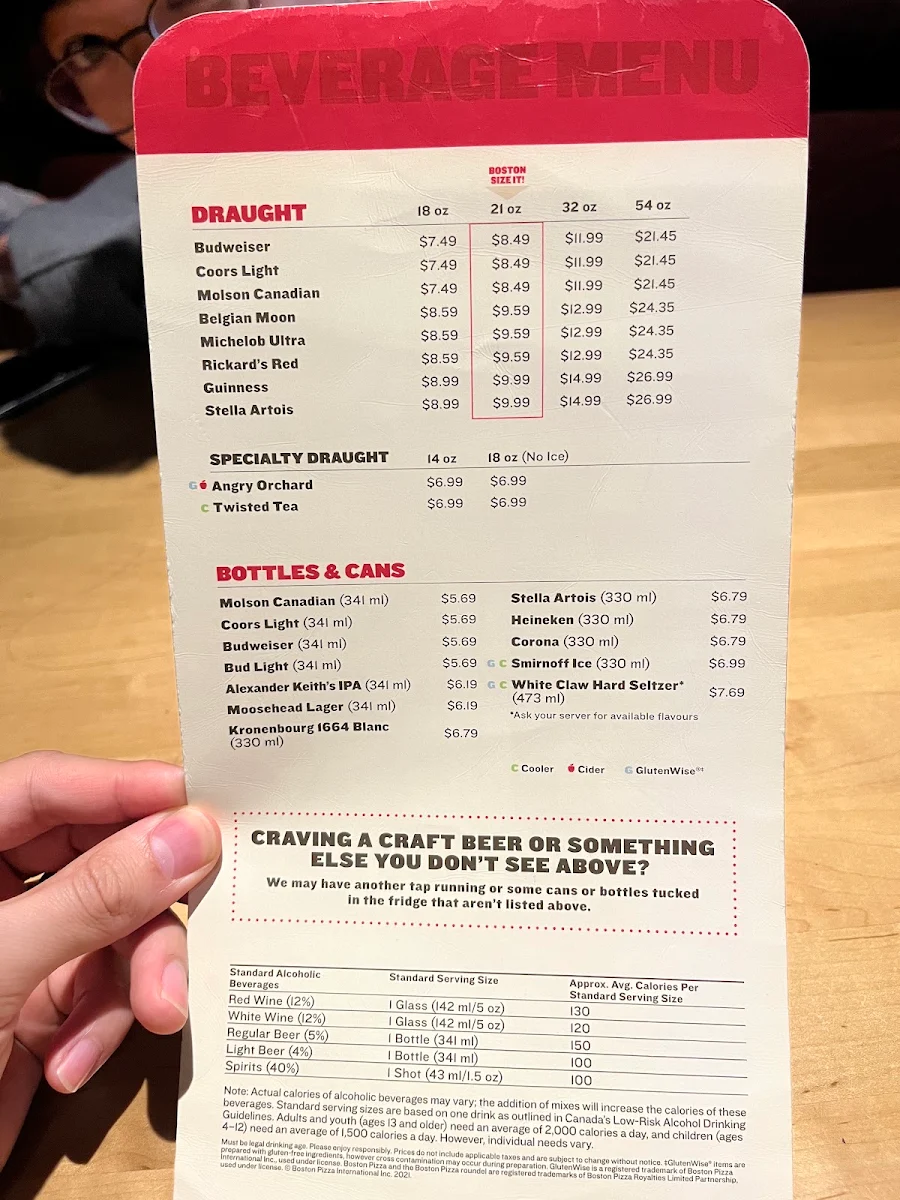 Menu, Boston Pizza