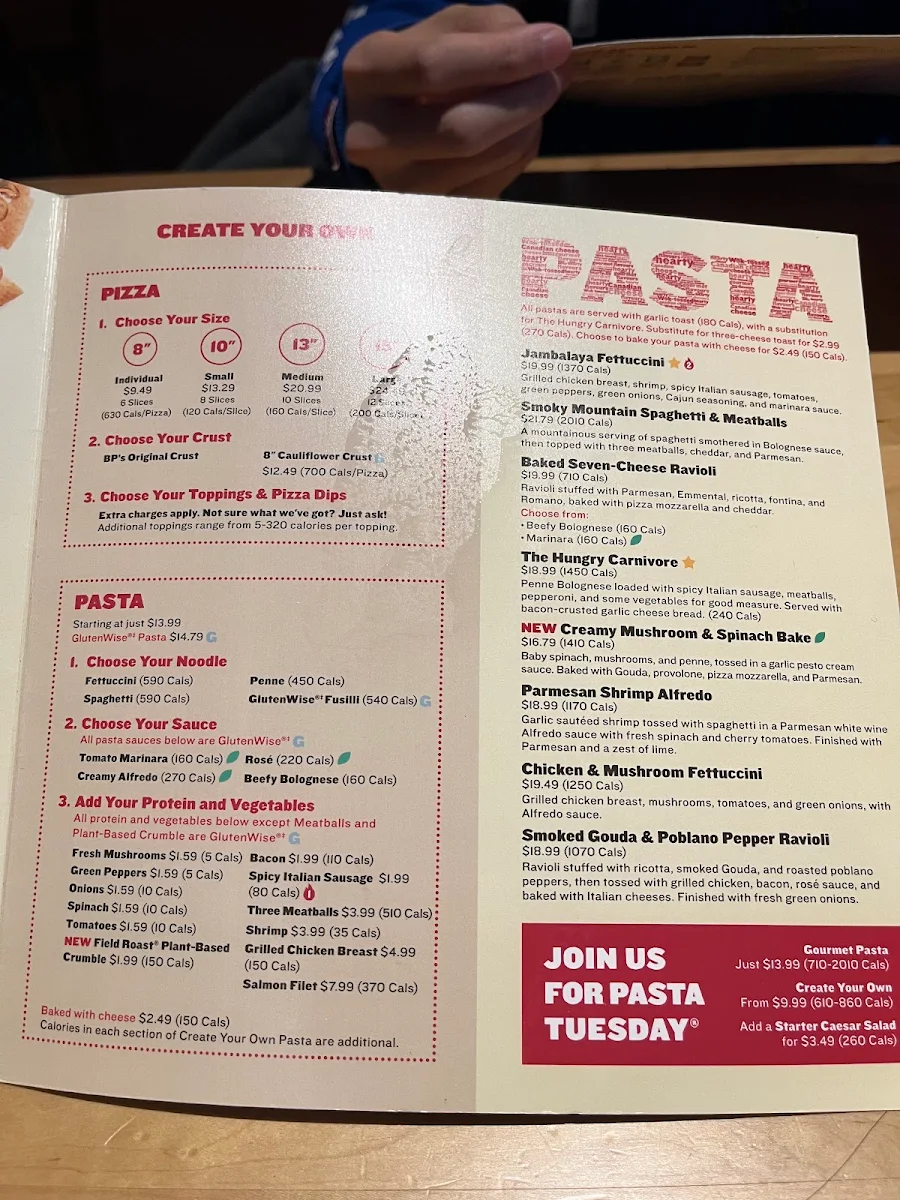 Menu, Boston Pizza