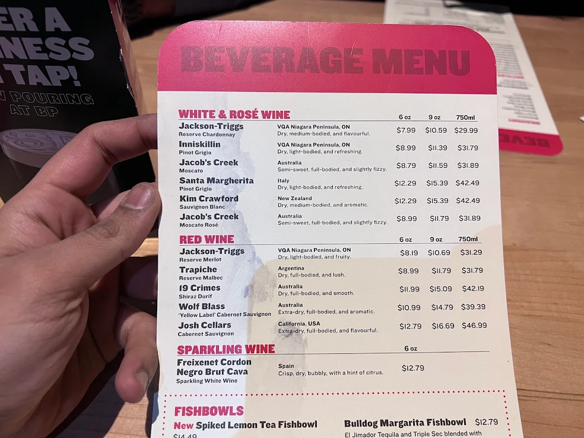 Menu, Boston Pizza
