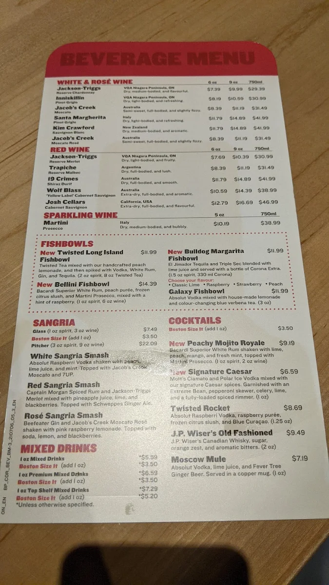 Menu, Boston Pizza