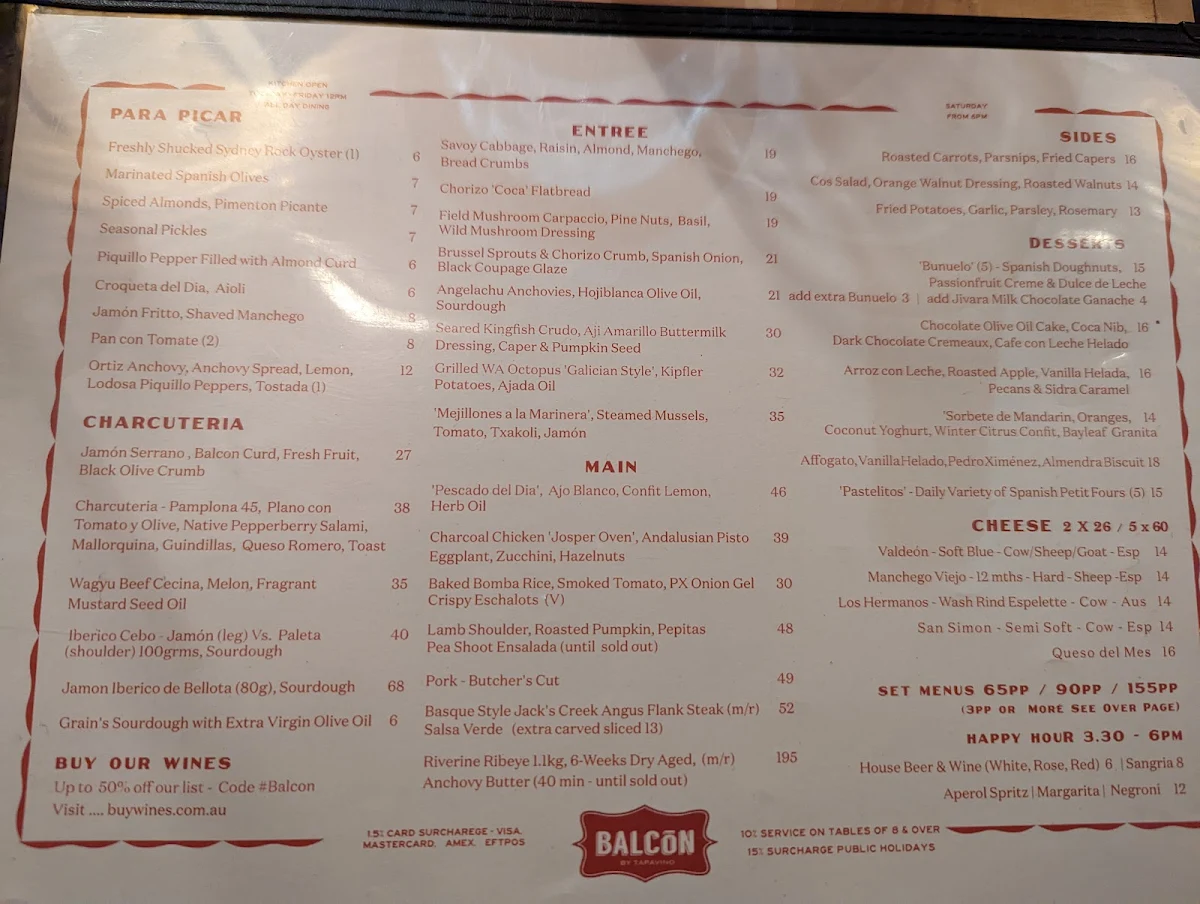 Menu, Balcon by Tapavino