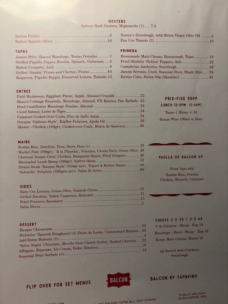 Menu, Balcon by Tapavino