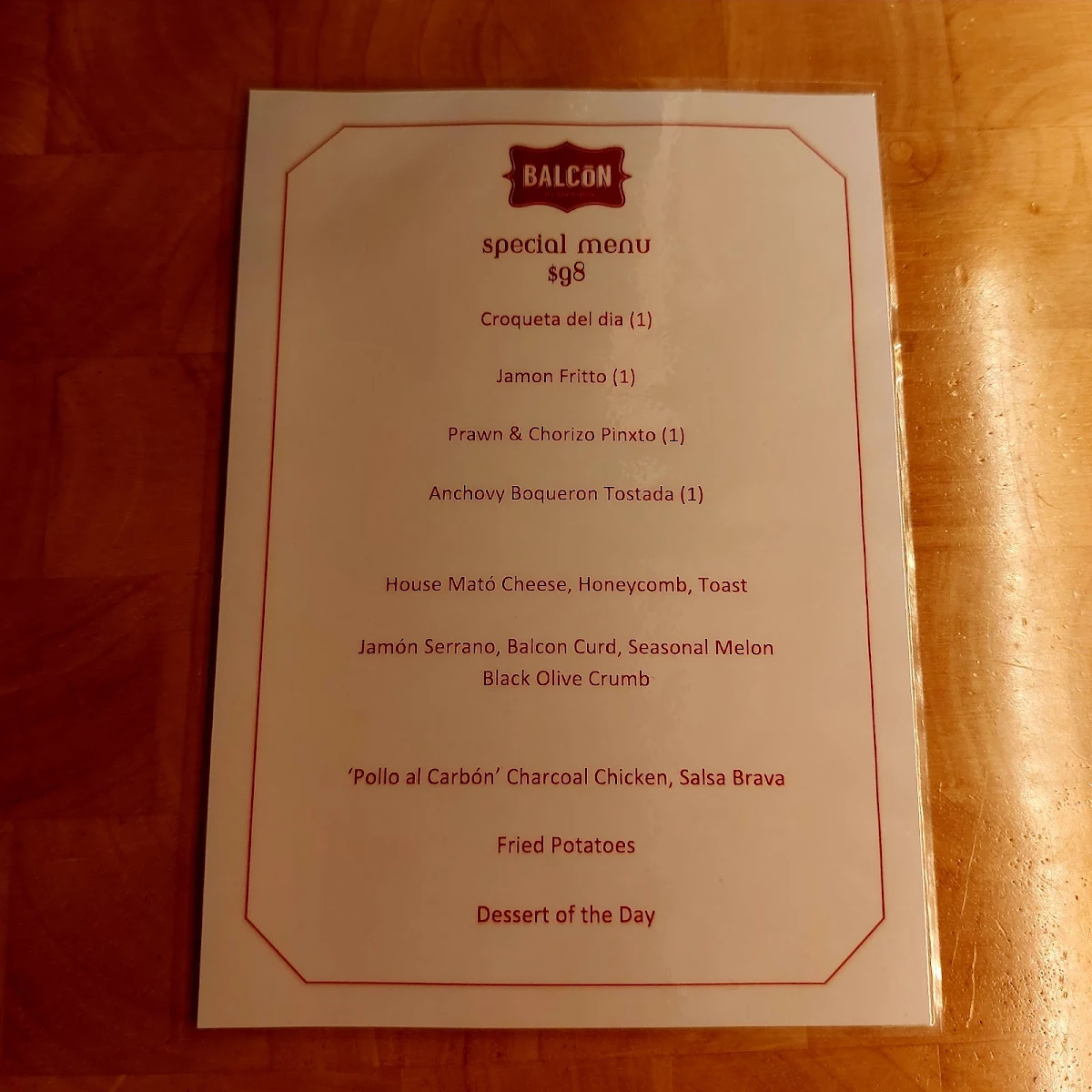 Menu, Balcon by Tapavino