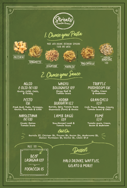 Menu, Str'eats Pasta Bar & Desserts