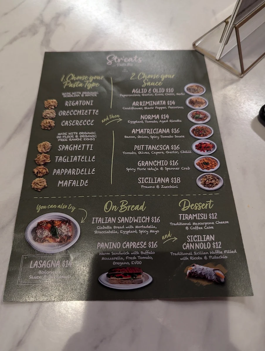 Menu, Str'eats Pasta Bar & Desserts