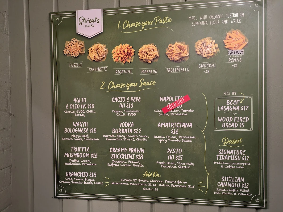 Menu, Str'eats Pasta Bar & Desserts
