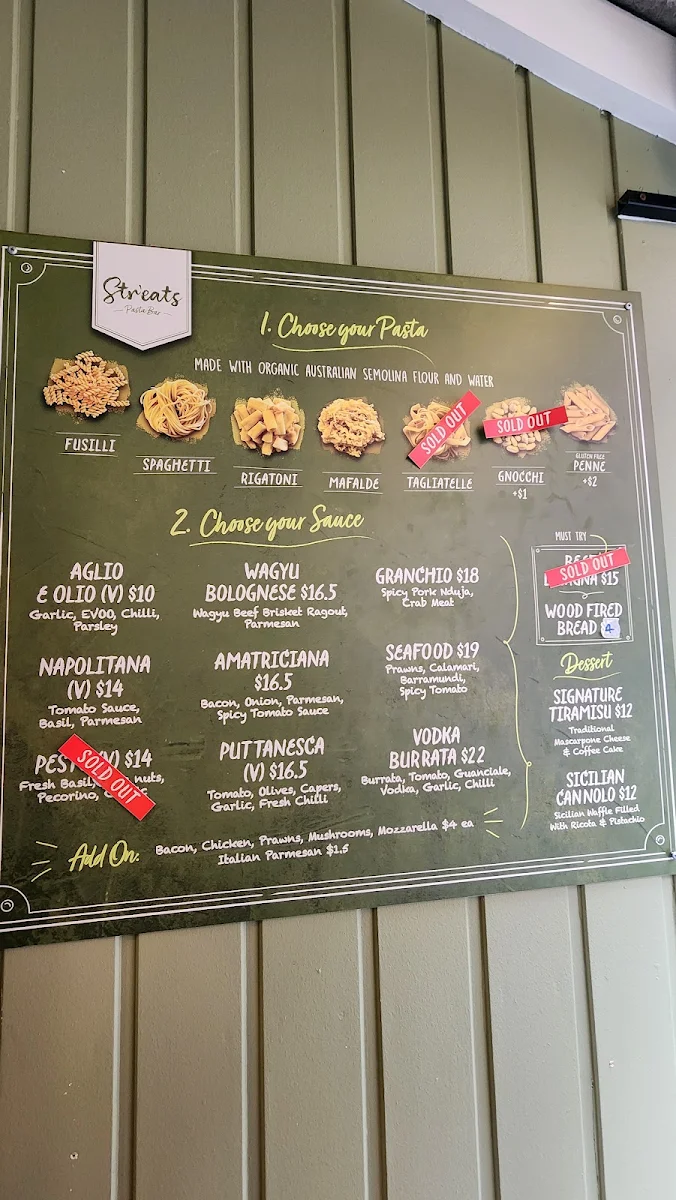Menu, Str'eats Pasta Bar & Desserts