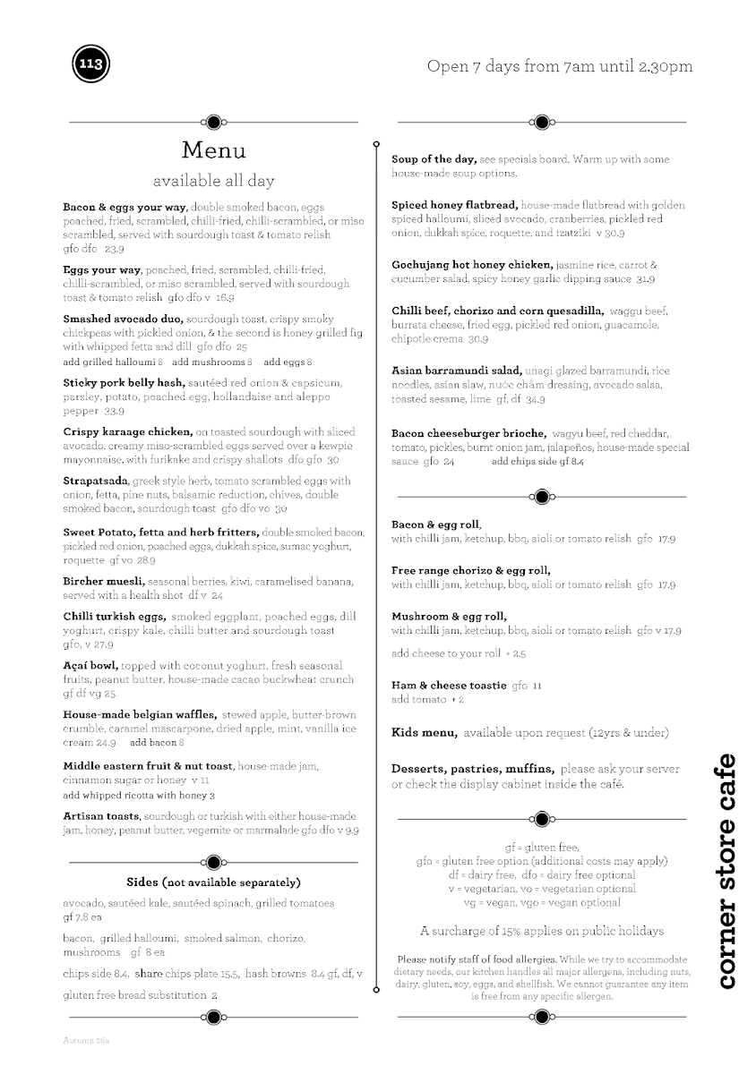 Menu, Corner Store Cafe