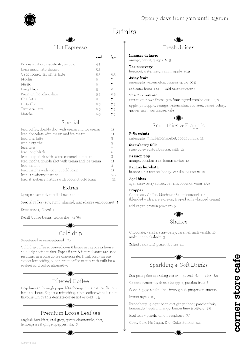 Menu, Corner Store Cafe