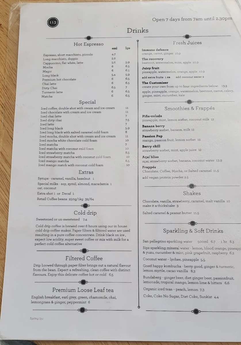 Menu, Corner Store Cafe