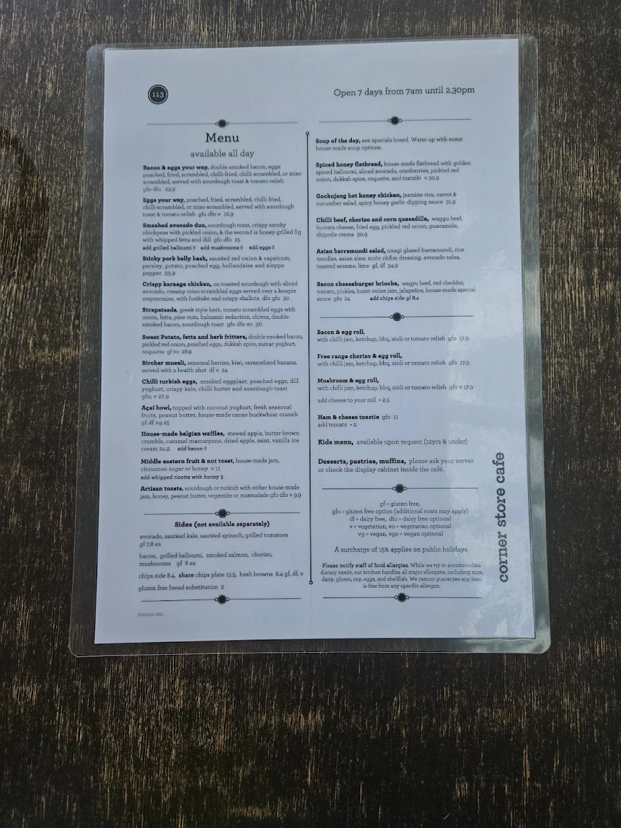 Menu, Corner Store Cafe