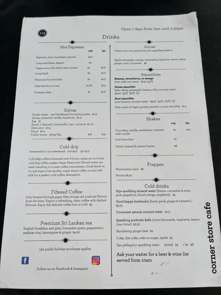 Menu, Corner Store Cafe
