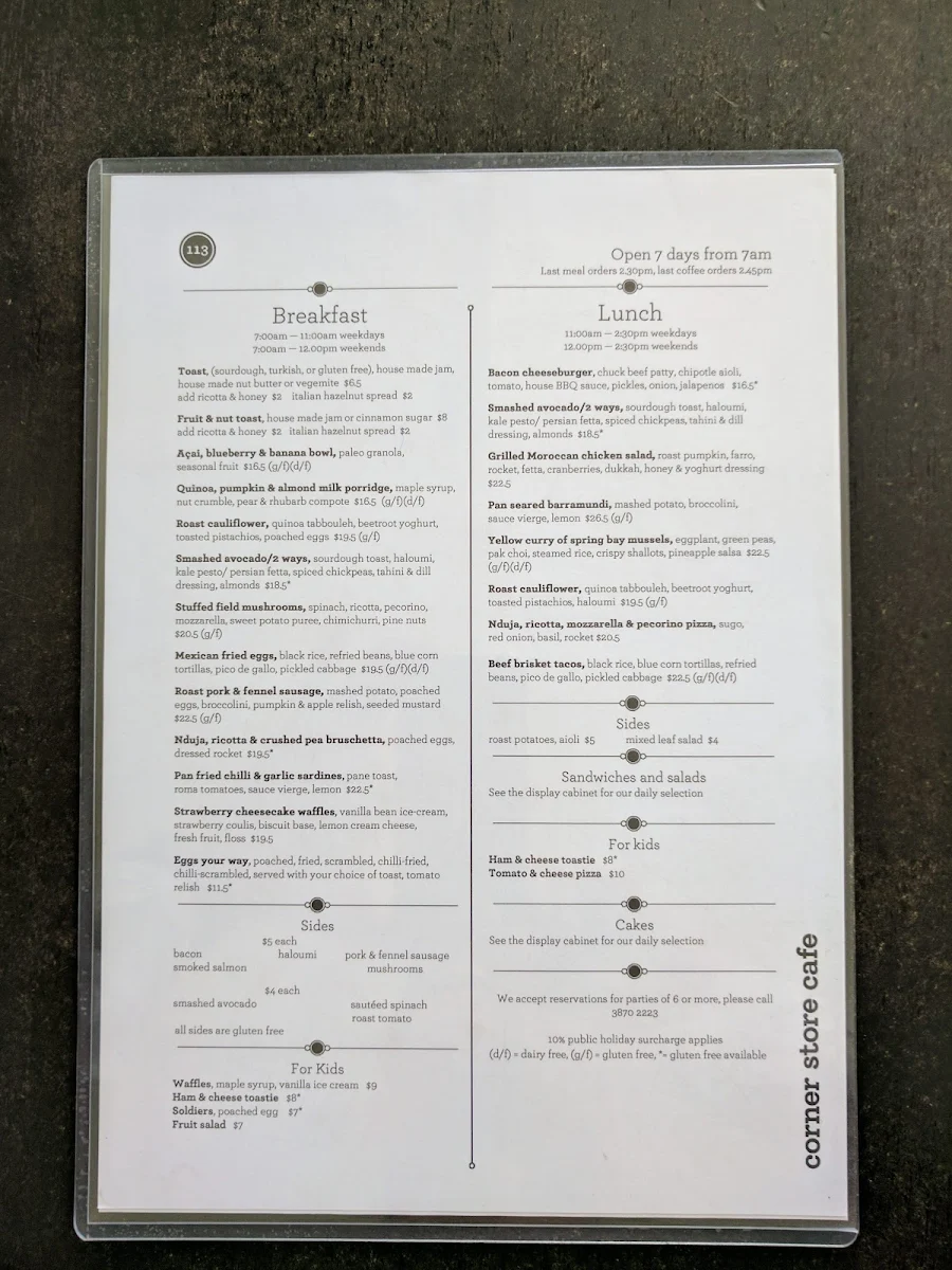 Menu, Corner Store Cafe