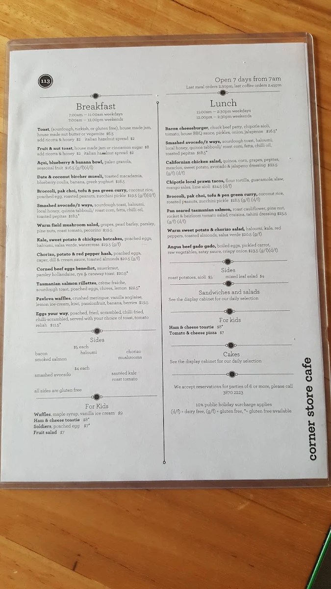 Menu, Corner Store Cafe
