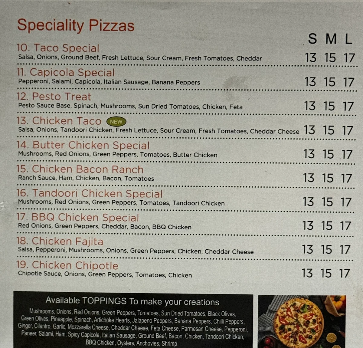 Menu, Pizza24