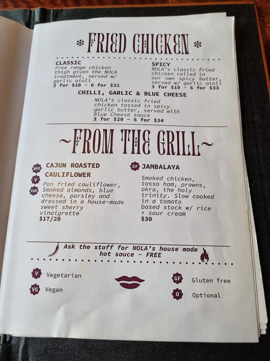Menu, NOLA Adelaide