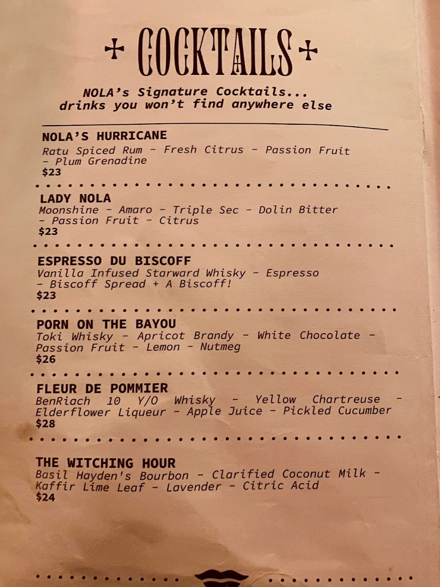 Menu, NOLA Adelaide