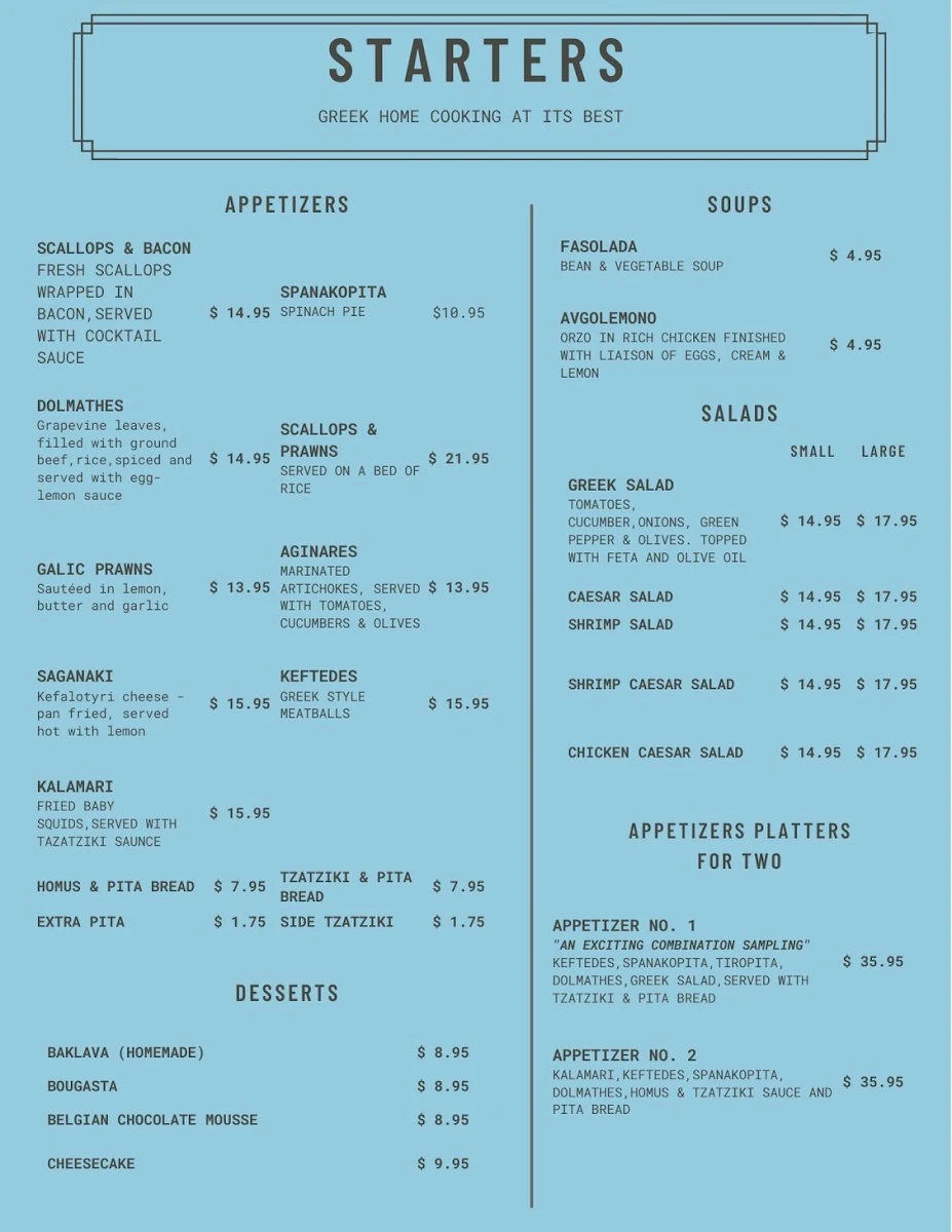 Menu, Pyrgos Taverna
