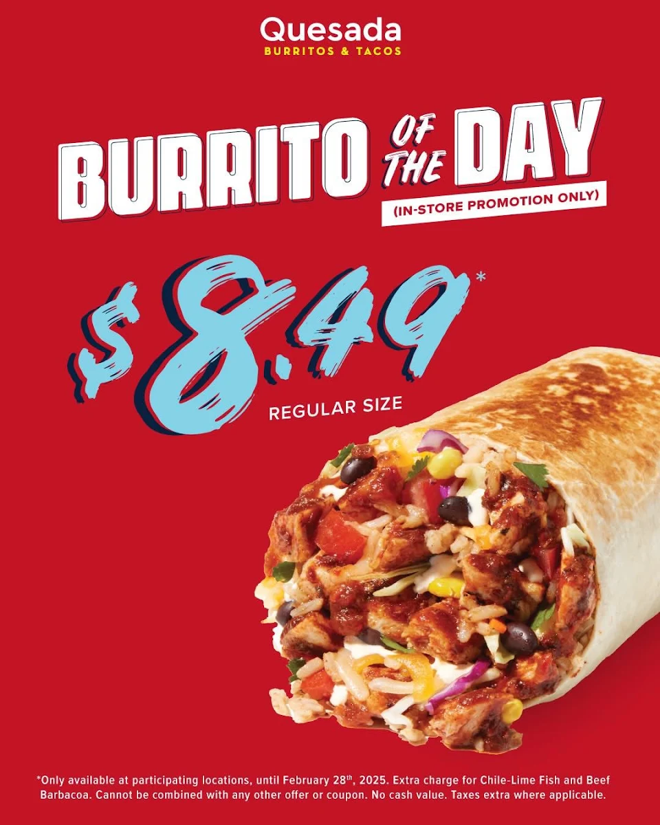 Menu, Quesada Burritos & Tacos