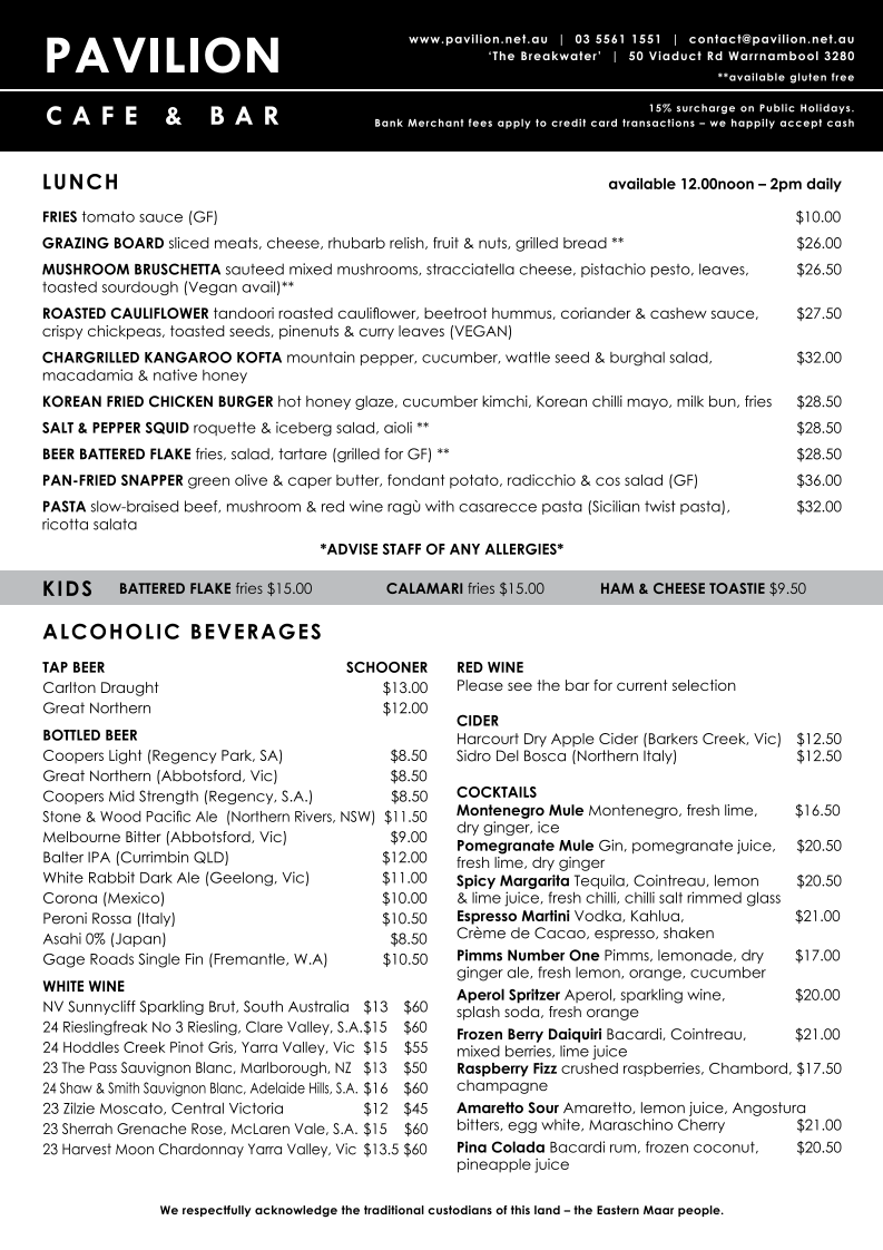 Menu, Pavilion Cafe & Bar
