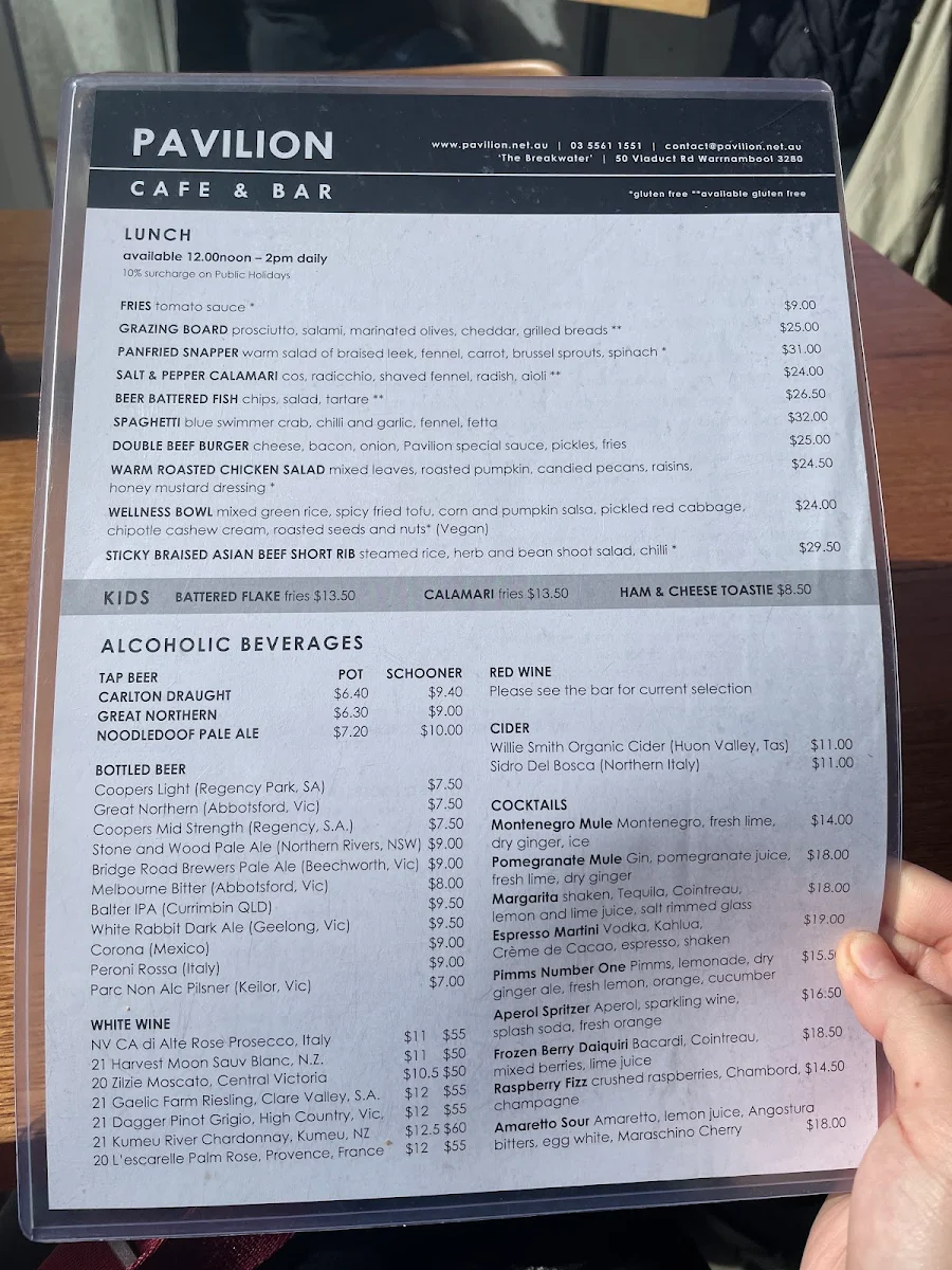 Menu, Pavilion Cafe & Bar