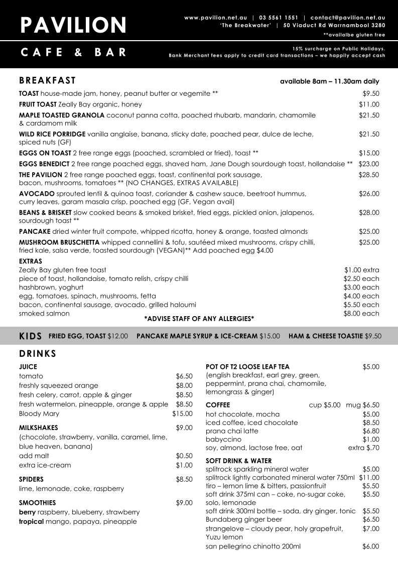 Menu, Pavilion Cafe & Bar