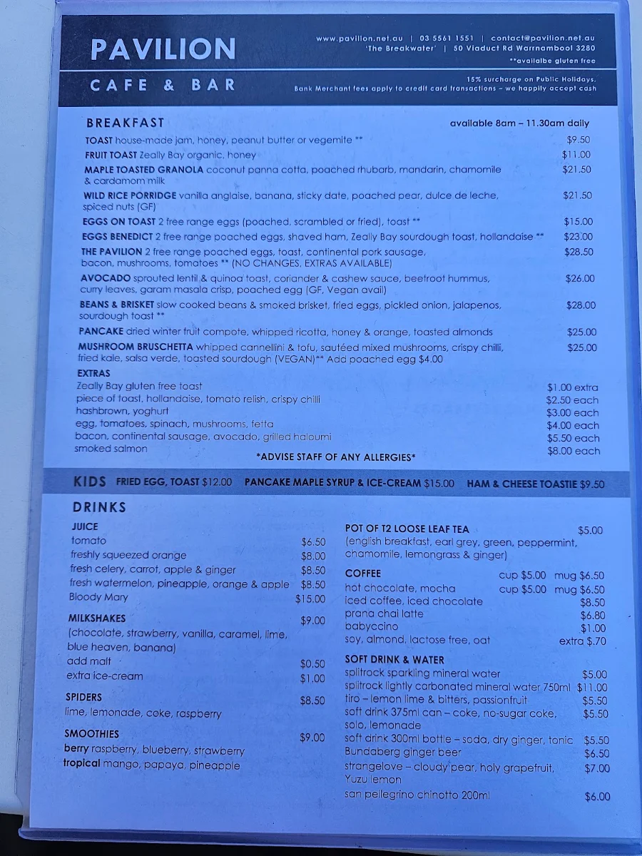 Menu, Pavilion Cafe & Bar