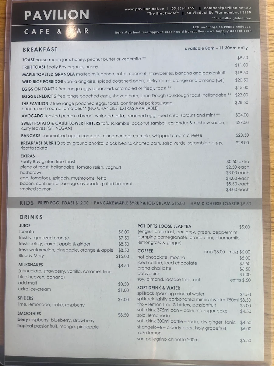 Menu, Pavilion Cafe & Bar