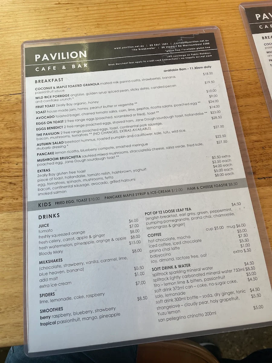 Menu, Pavilion Cafe & Bar