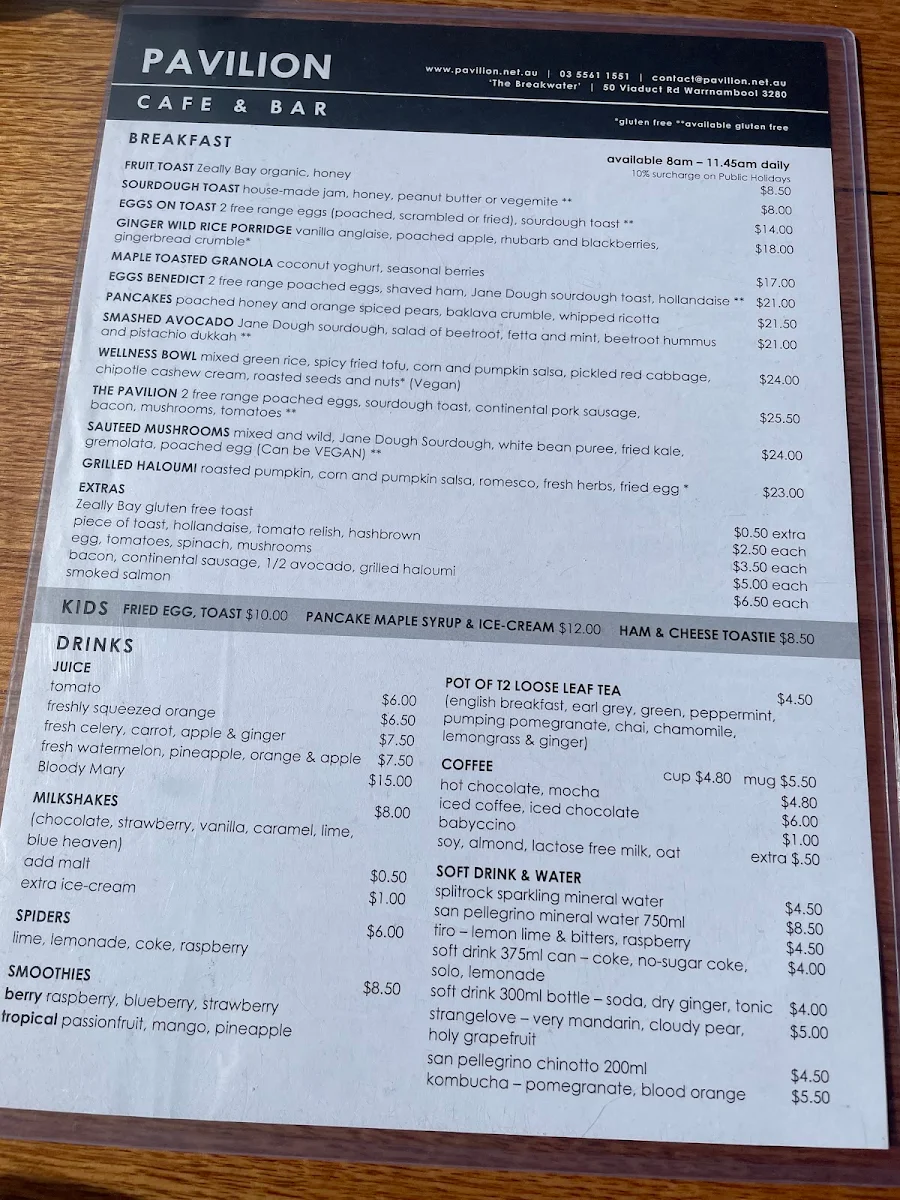 Menu, Pavilion Cafe & Bar