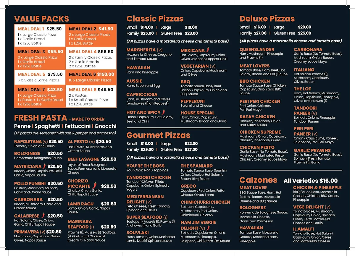Menu, Amalfi Pizza & Pasta Murrumba Downs