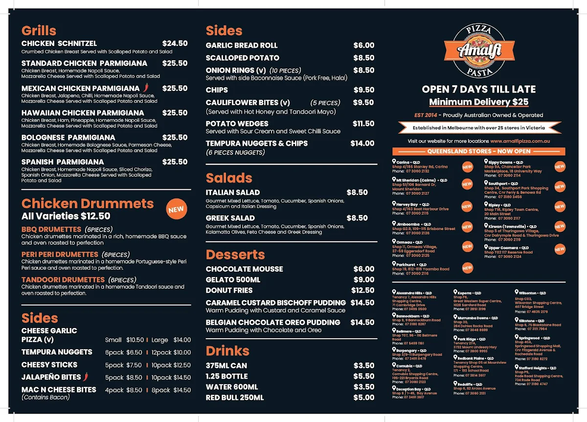 Menu, Amalfi Pizza & Pasta Murrumba Downs
