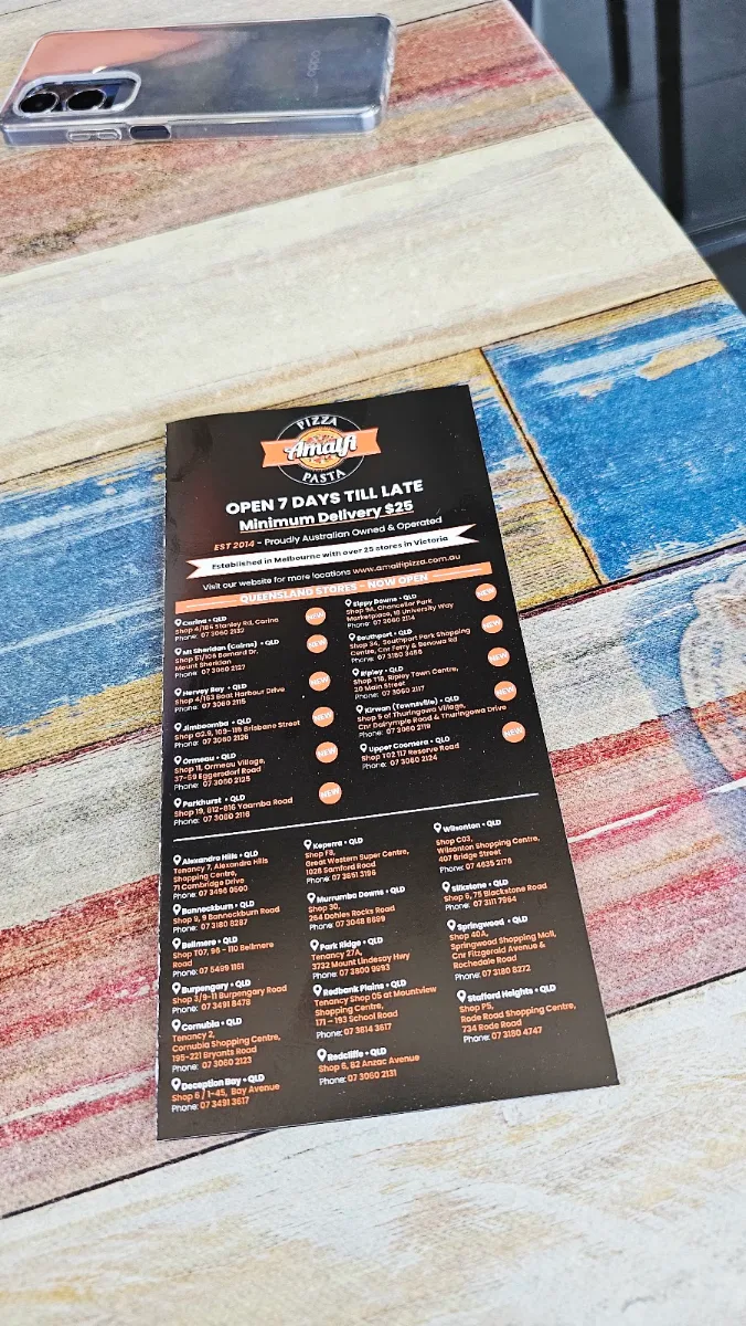 Menu, Amalfi Pizza & Pasta Murrumba Downs