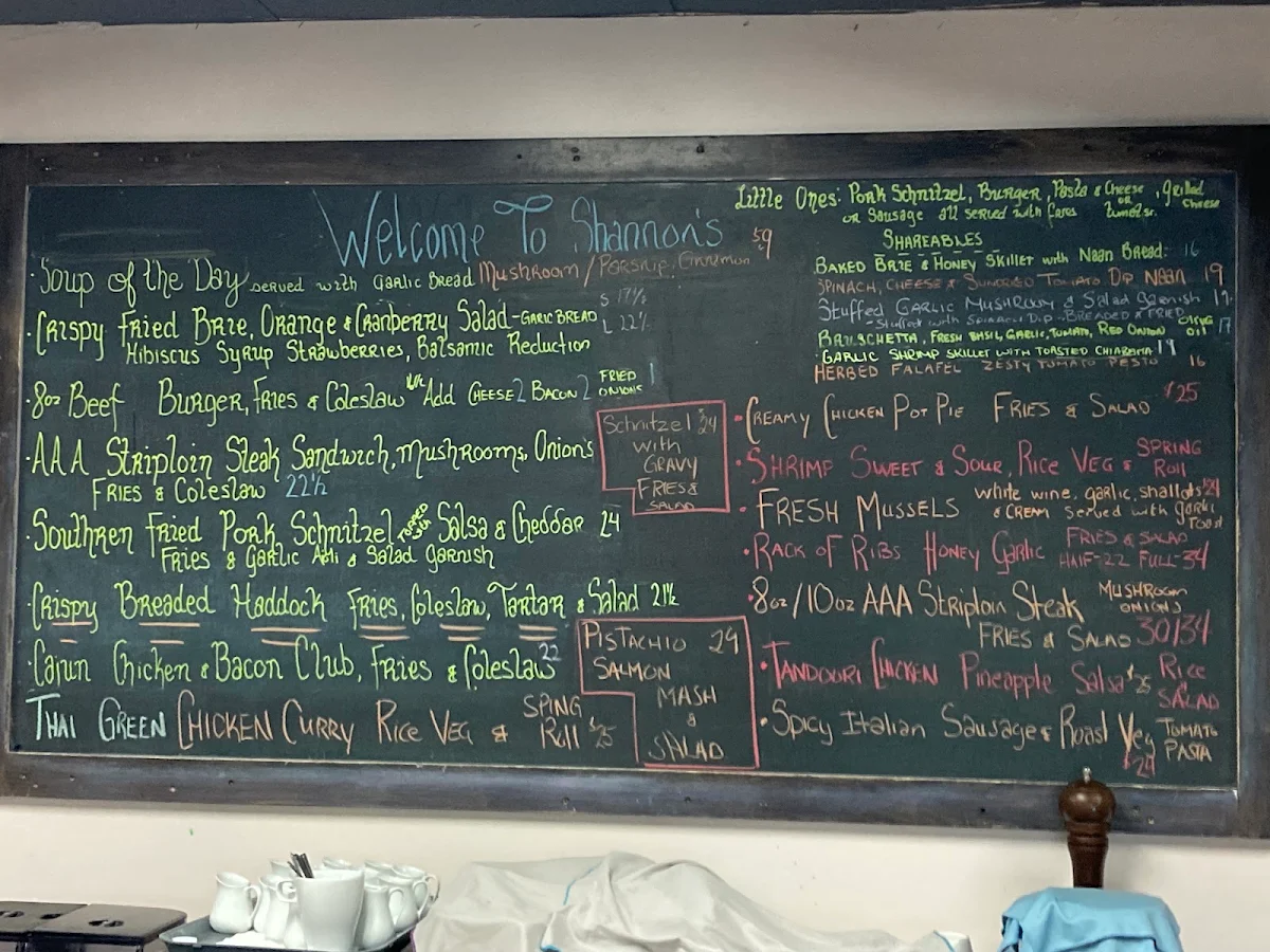 Menu, Shannon's Kitchen and Irish Pub