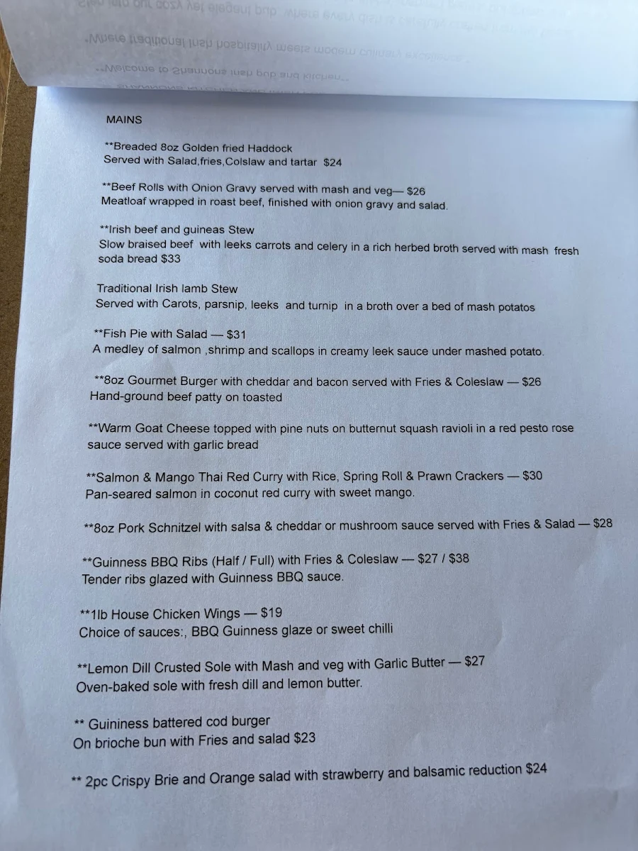 Menu, Shannon's Kitchen and Irish Pub