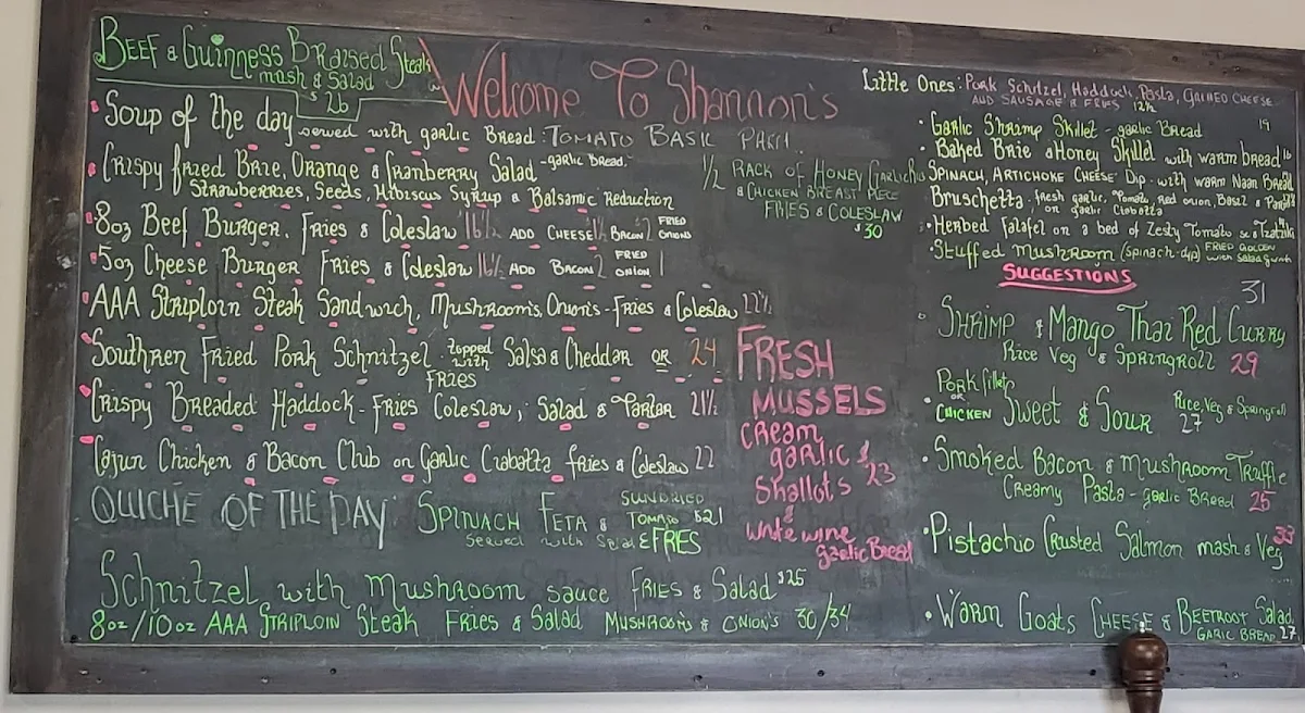 Menu, Shannon's Kitchen and Irish Pub