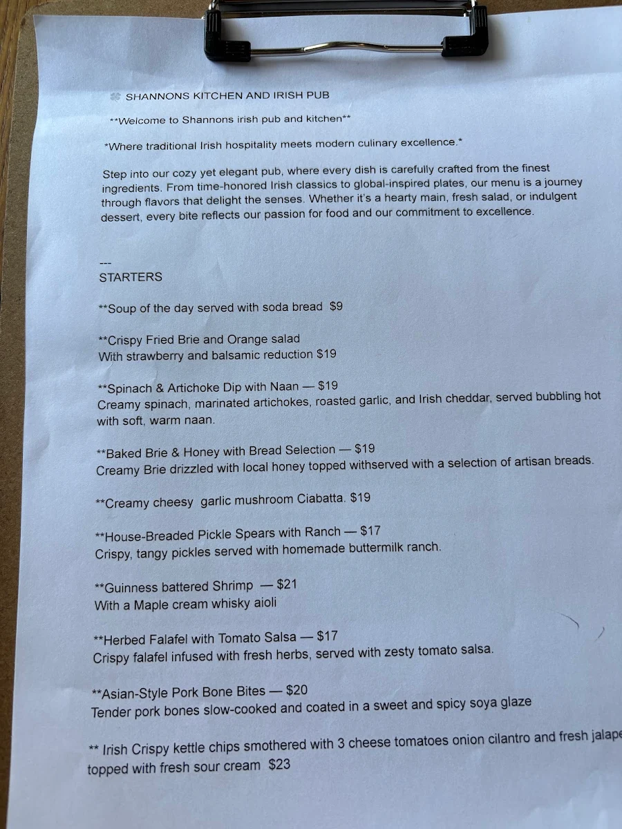 Menu, Shannon's Kitchen and Irish Pub