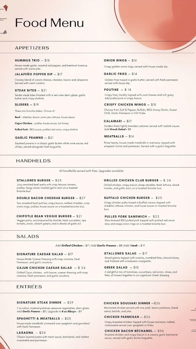 Menu, Stallones Kitchen + Bar