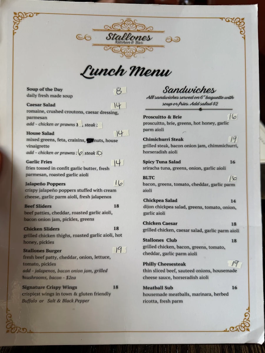 Menu, Stallones Kitchen + Bar