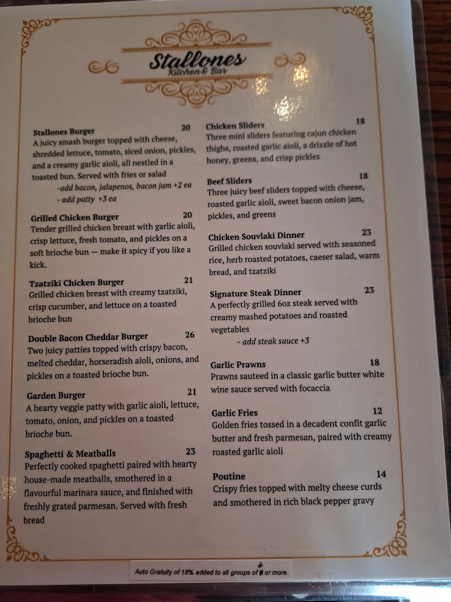 Menu, Stallones Kitchen + Bar