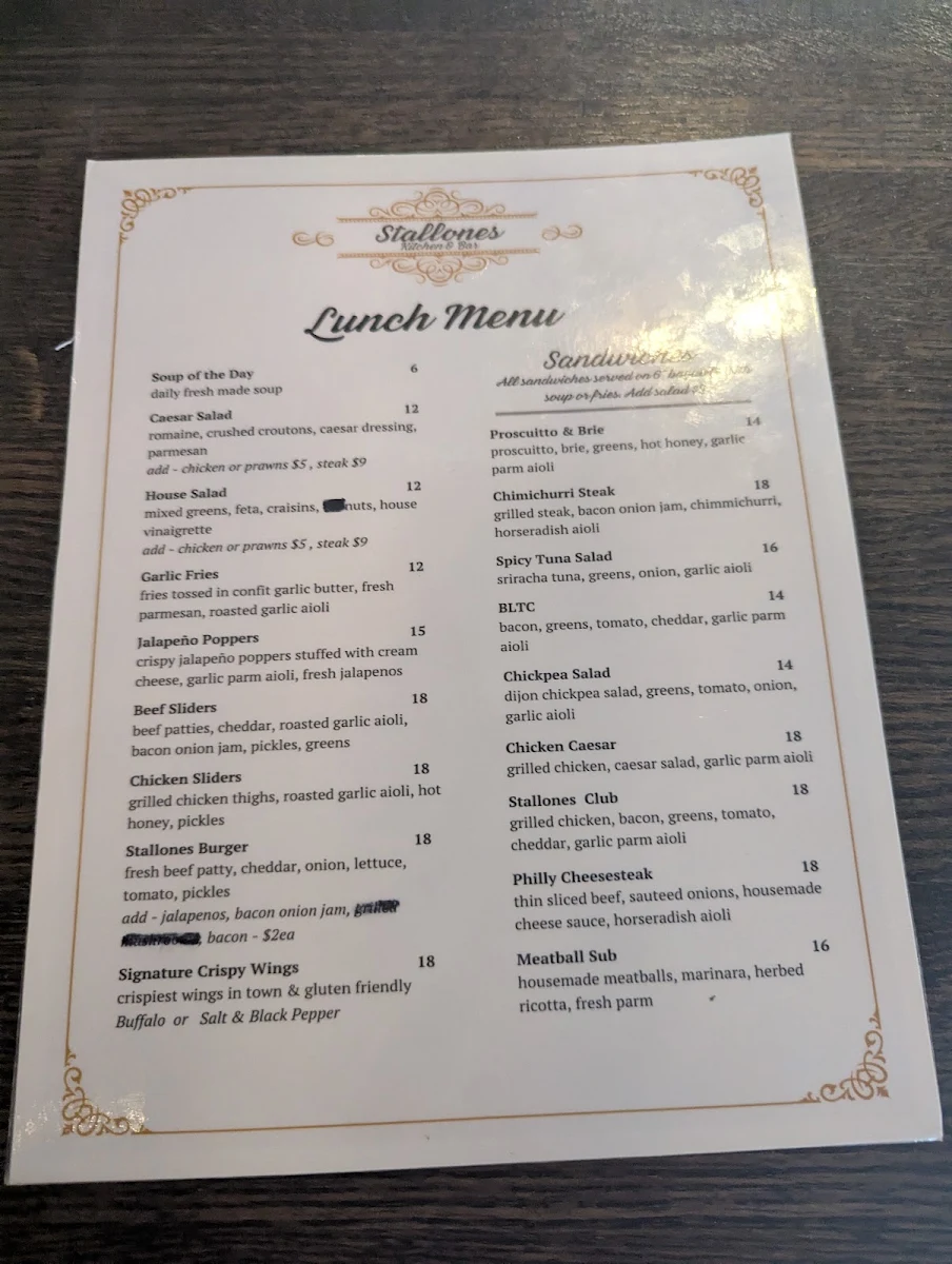 Menu, Stallones Kitchen + Bar