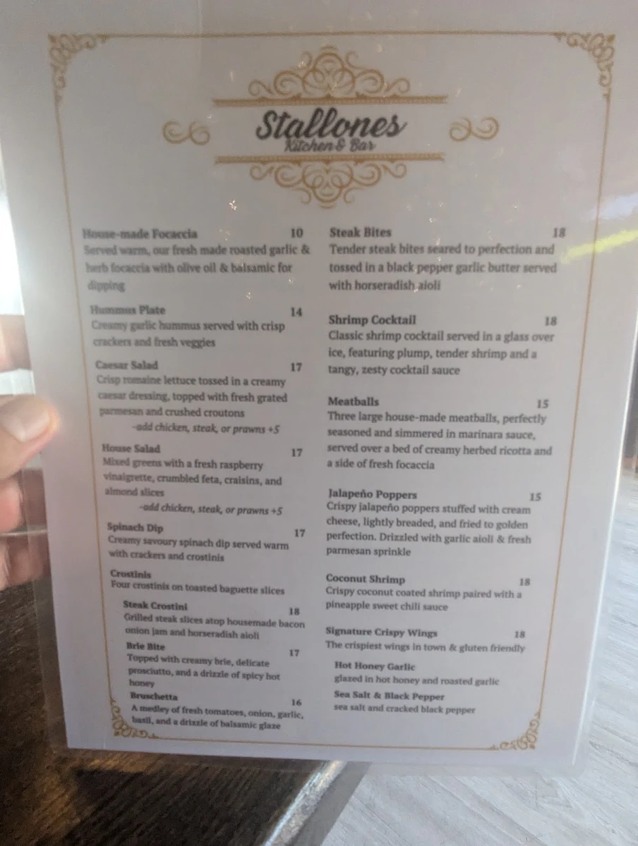 Menu, Stallones Kitchen + Bar