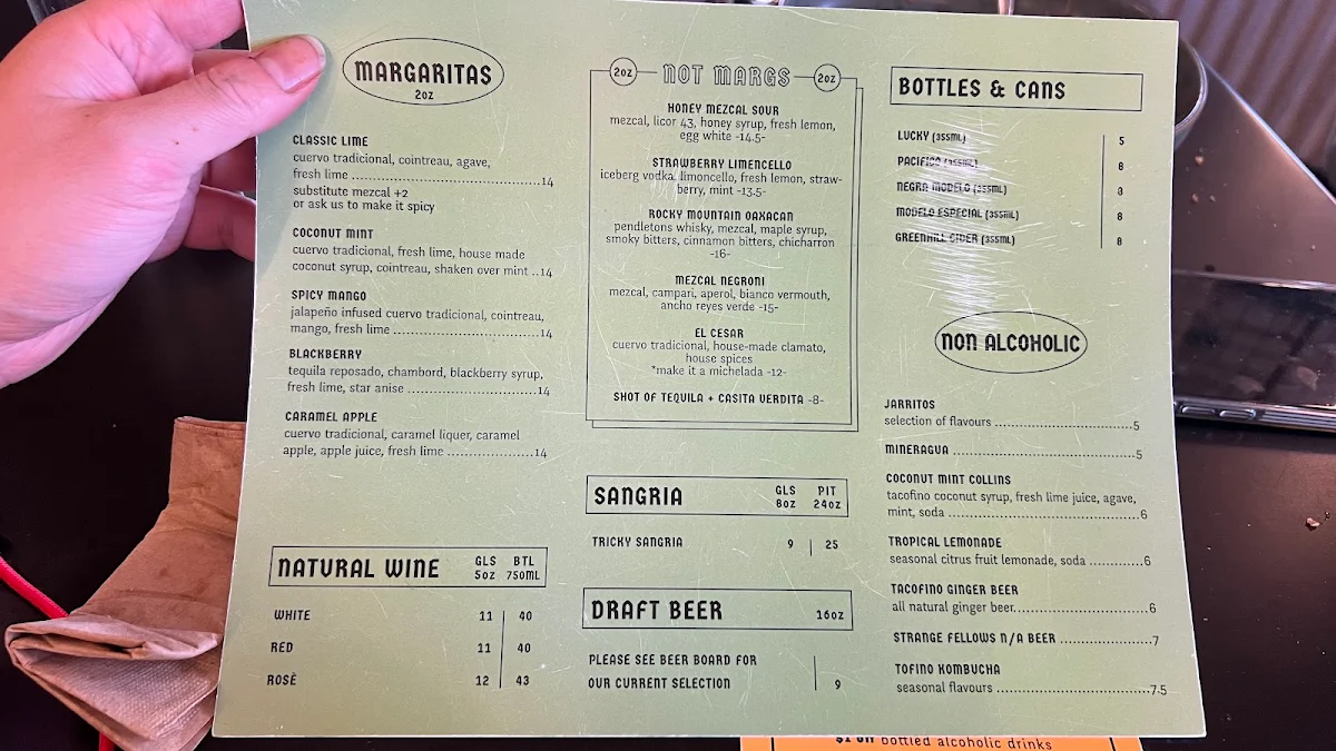 Menu, Tacofino Ocho (Mount Pleasant)